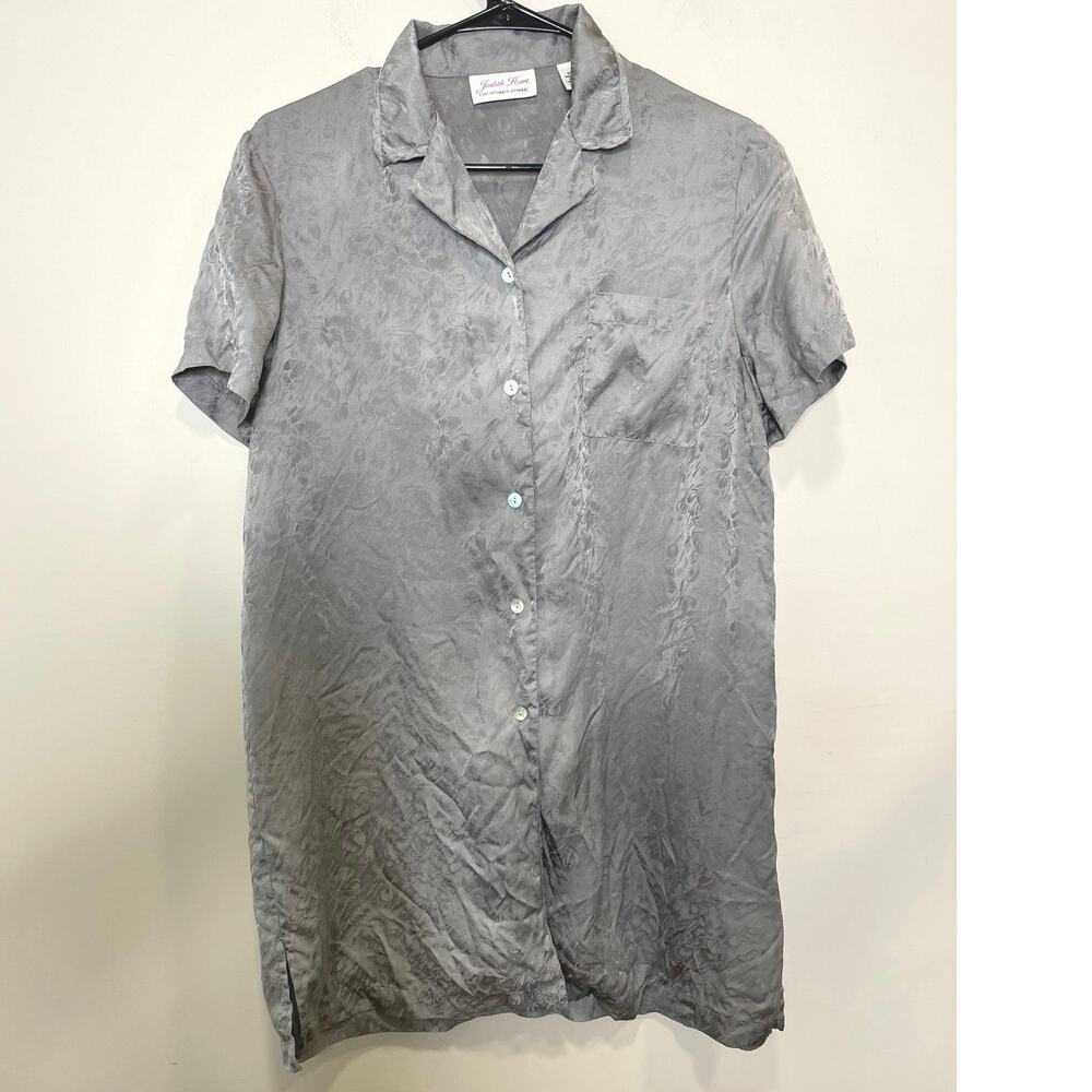 Vintage Judith Hart 100% Silk Gray Nightshirt Button-Up Womens Size Small